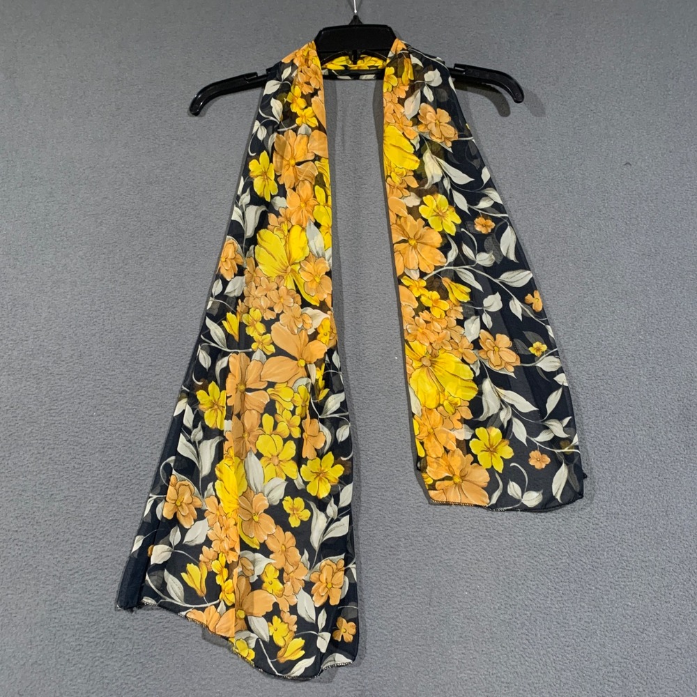 Unbranded Floral Scarf Women OS Black Yellow Orange Vintage 70s Style Chiffon